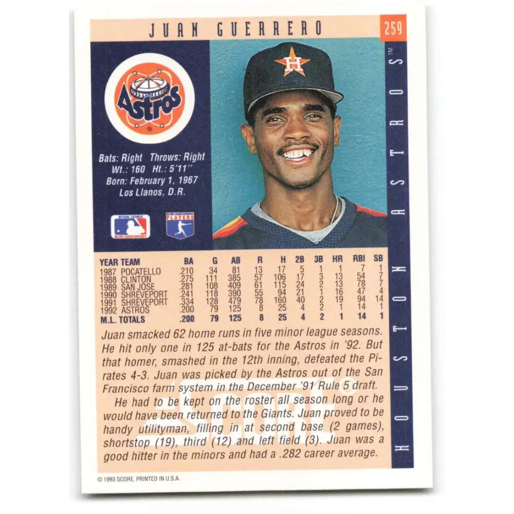 1993 Score #259 Juan Guerrero NM-MT Houston Astros Baseball Card Image 2