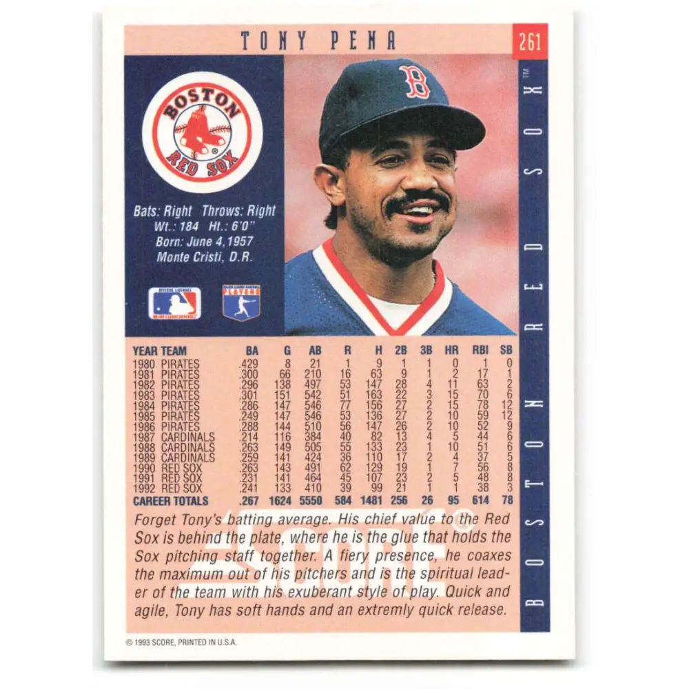 1993 Score #261 Tony Pena NM-MT Boston Red Sox Baseball Card Image 2