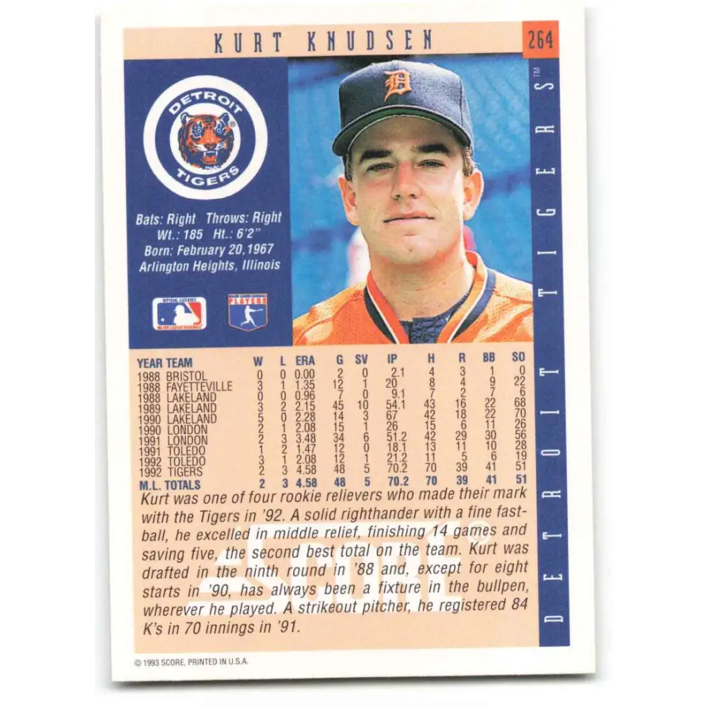1993 Score #264 Kurt Knudsen NM-MT Detroit Tigers Baseball Card Image 2