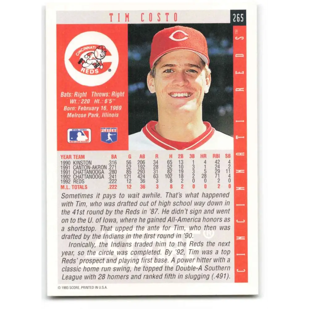 1993 Score #265 Tim Costo NM-MT Cincinnati Reds Baseball Card Image 2