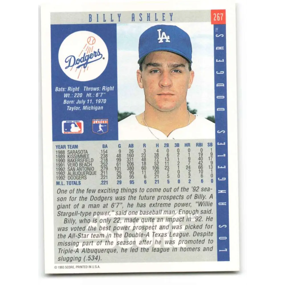 1993 Score #267 Billy Ashley NM-MT Los Angeles Dodgers Baseball Card Image 2