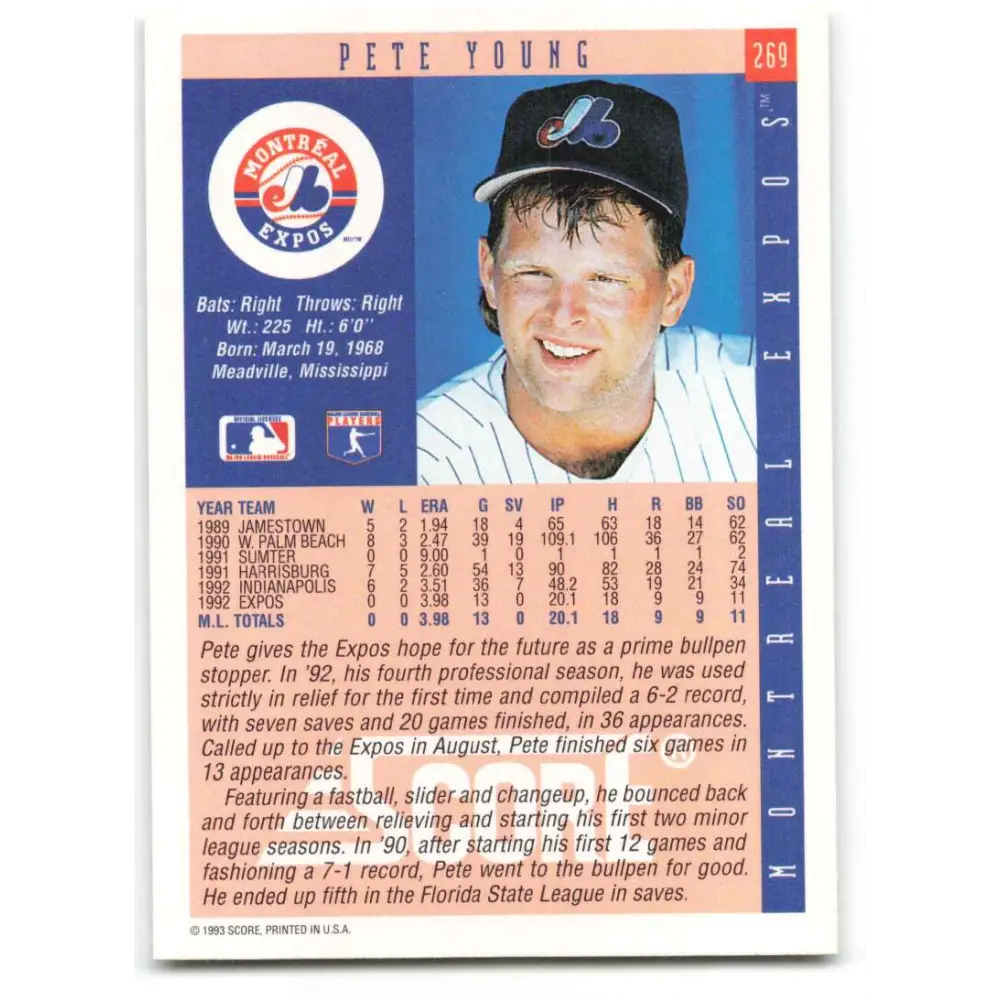 1993 Score #269 Pete Young NM-MT Montreal Expos Baseball Card Image 2