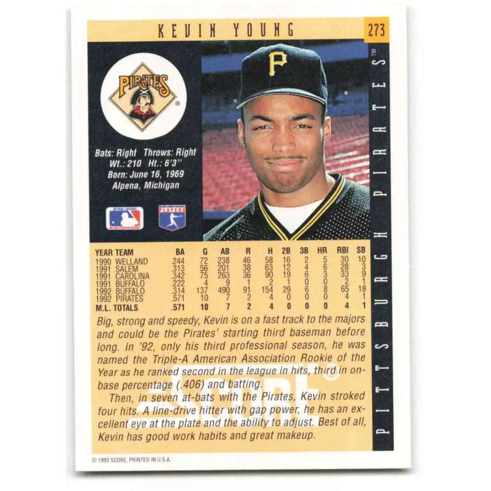 1993 Score #273 Kevin Young NM-MT Pittsburgh Pirates Baseball Card Image 2