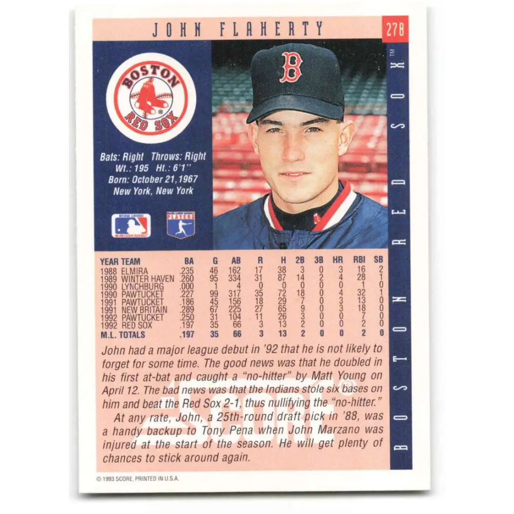 1993 Score #278 John Flaherty NM-MT Boston Red Sox Baseball Card Image 2