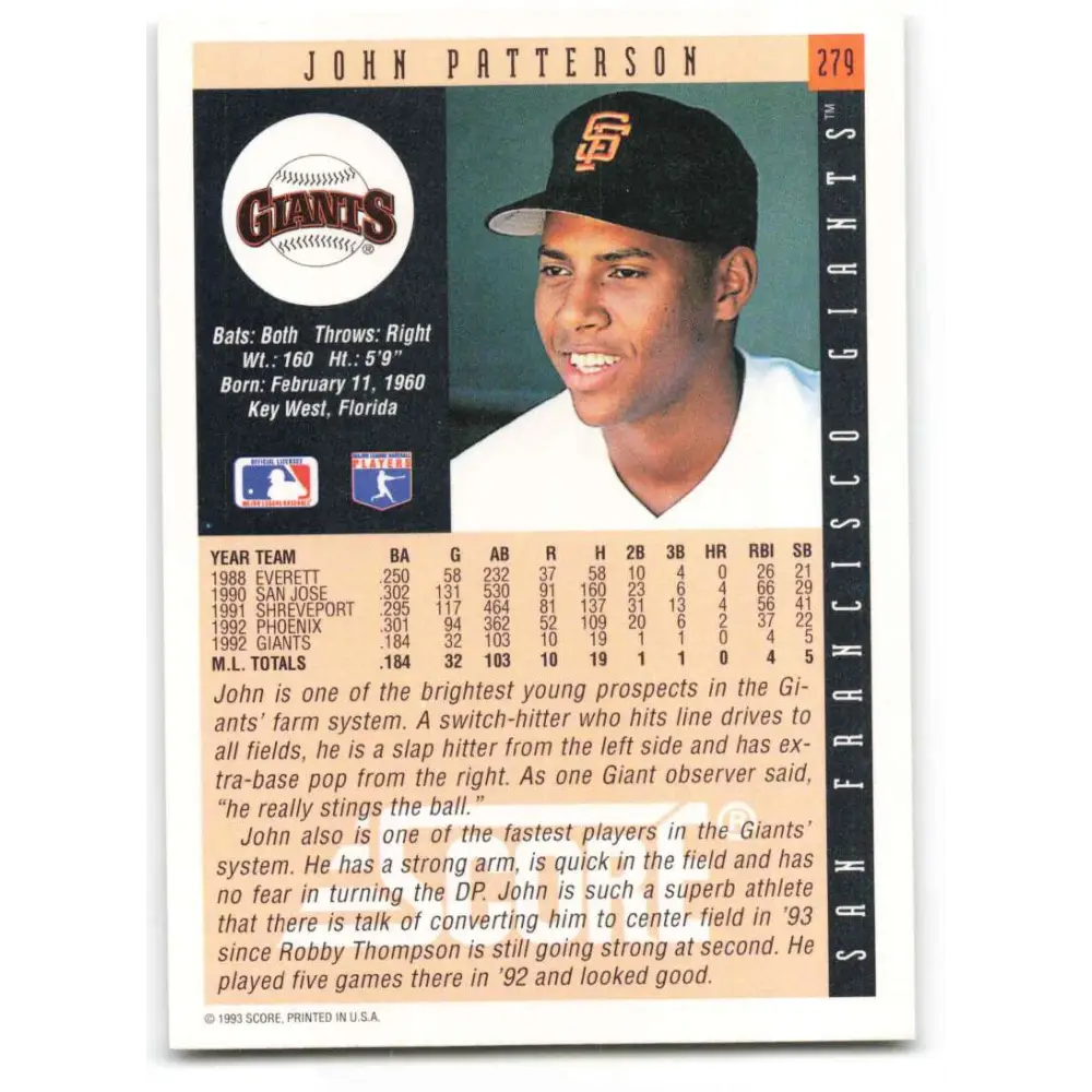 1993 Score #279 John Patterson NM-MT San Francisco Giants Baseball Card Image 2
