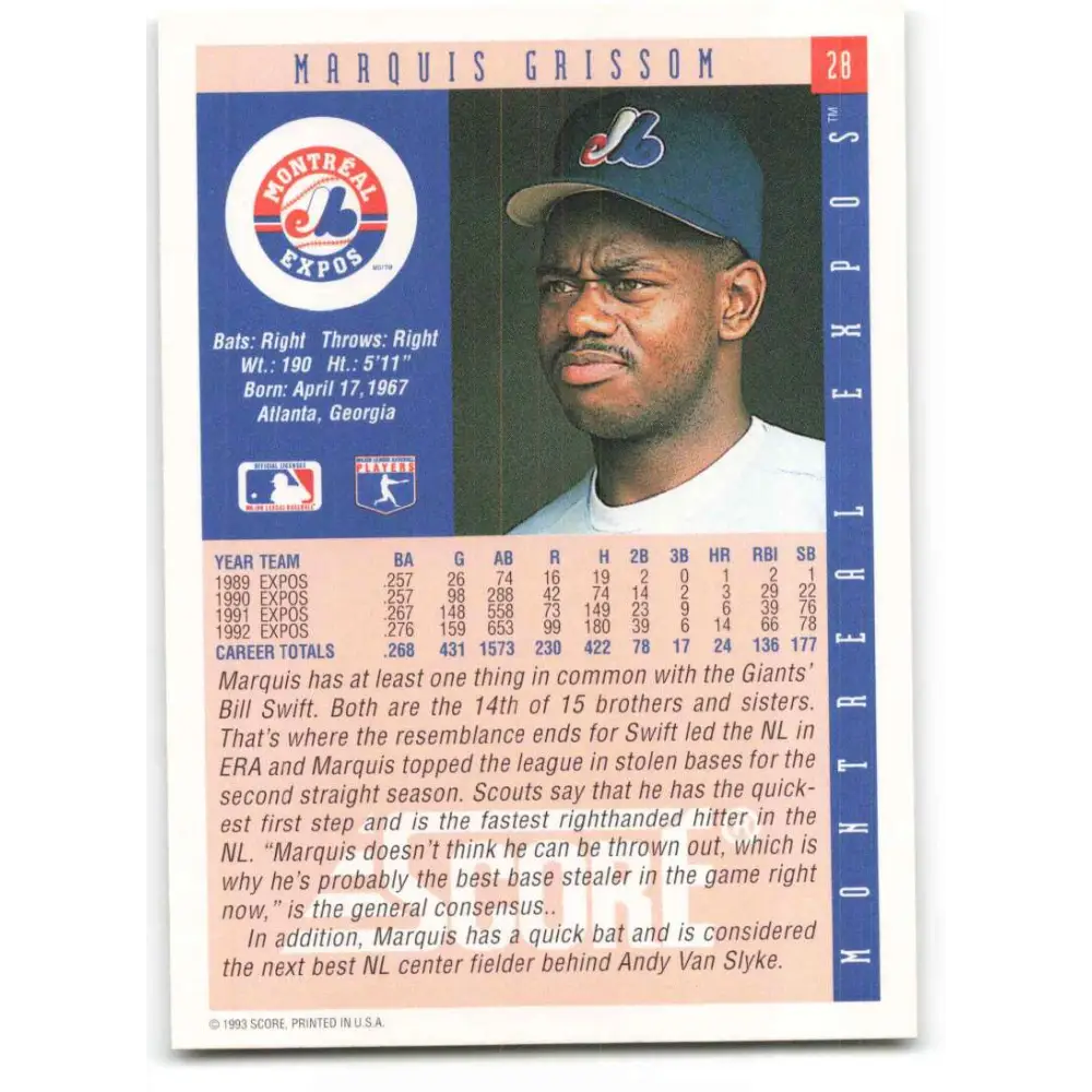 1993 Score #28 Marquis Grissom NM-MT Montreal Expos Baseball Card Image 2