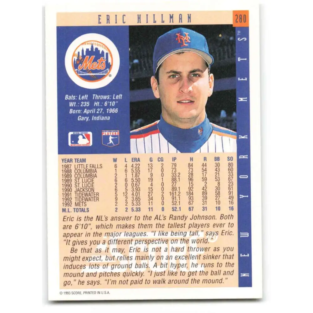 1993 Score #280 Eric Hillman NM-MT New York Mets Baseball Card Image 2