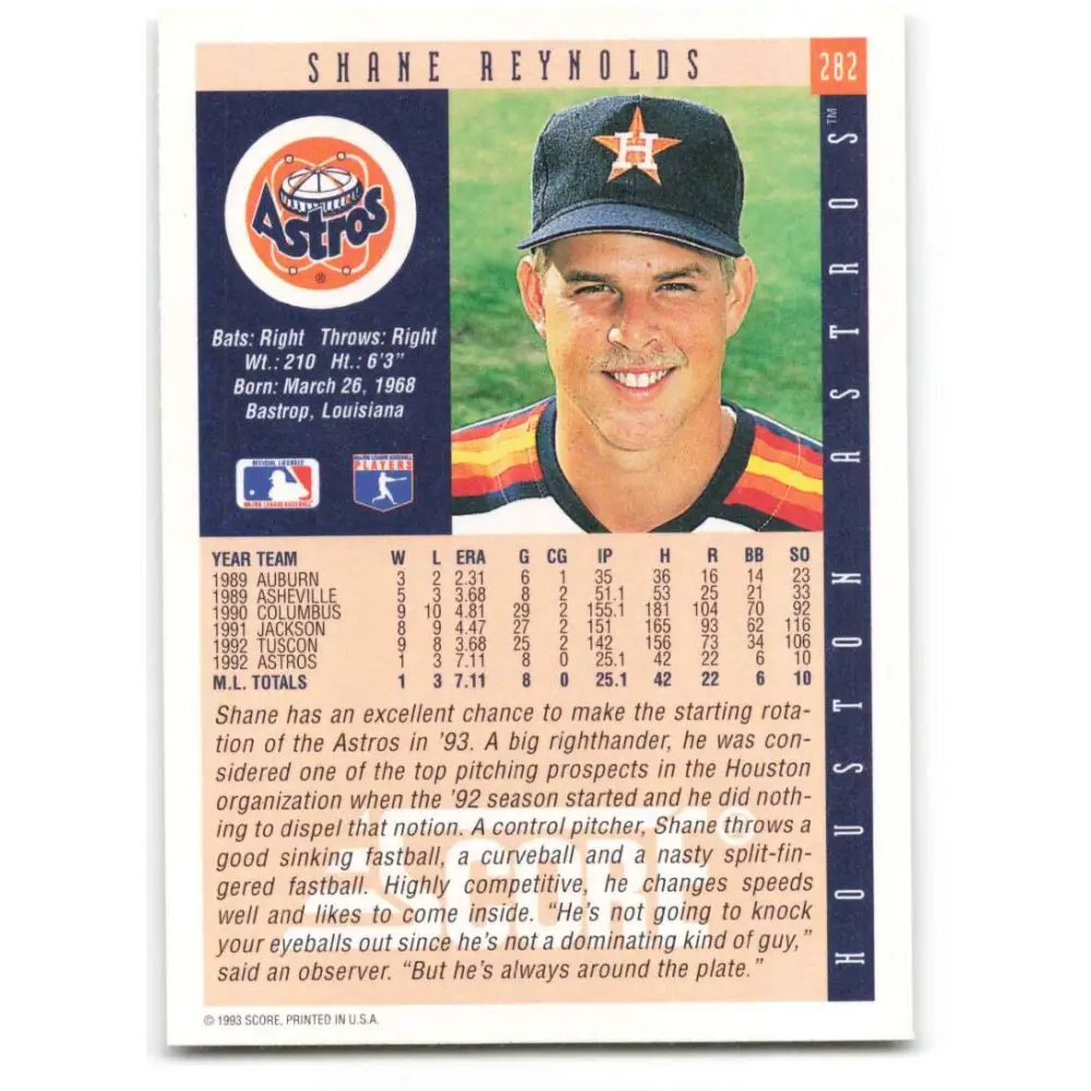 1993 Score #282 Shane Reynolds NM-MT Houston Astros Baseball Card Image 2