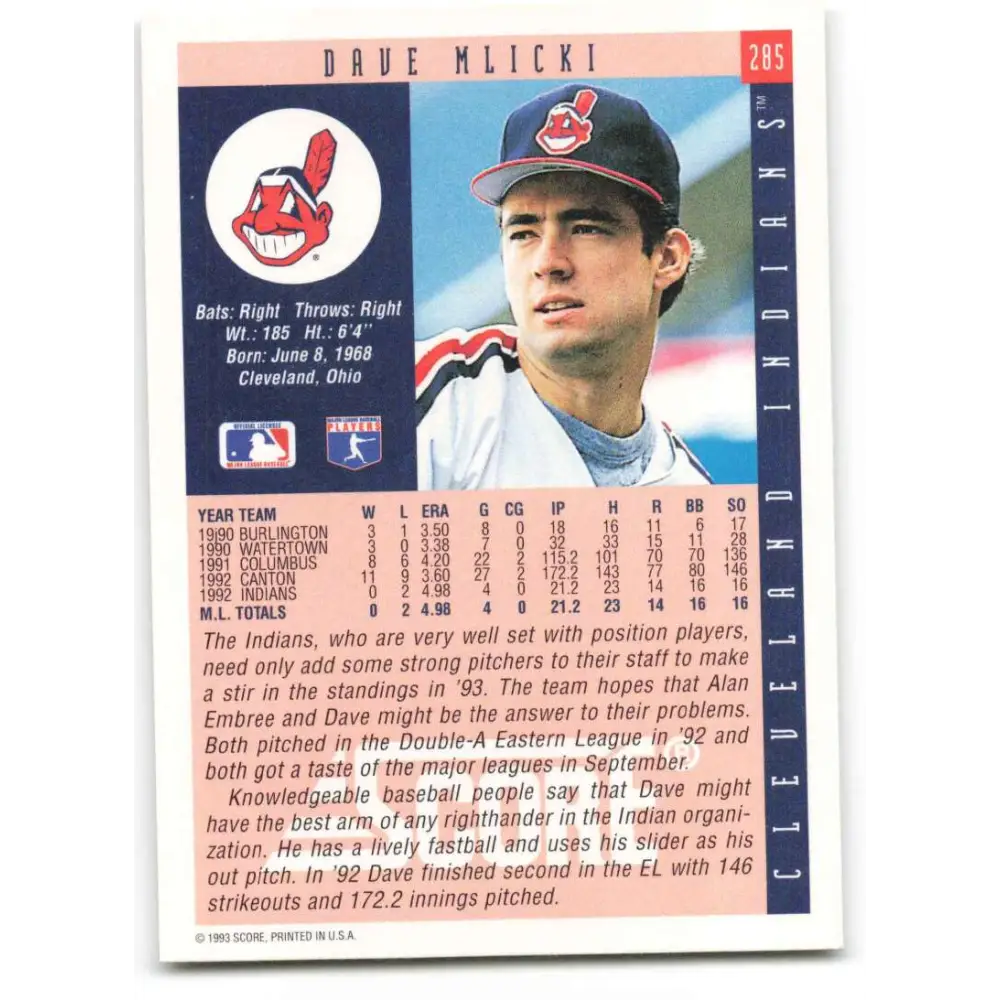 1993 Score #285 Dave Mlicki NM-MT Cleveland Indians Baseball Card Image 2