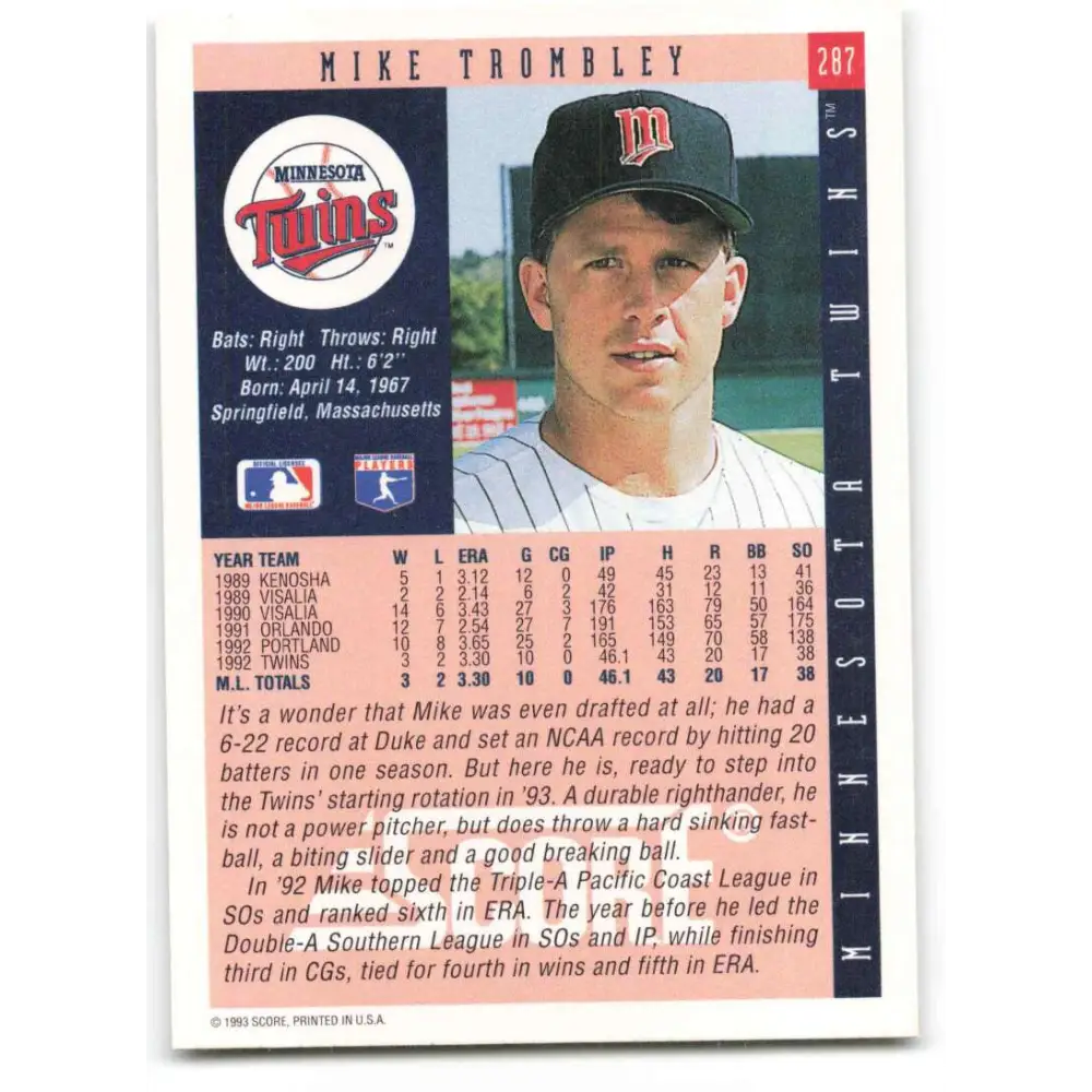 1993 Score #287 Mike Trombley NM-MT Minnesota Twins Baseball Card Image 2