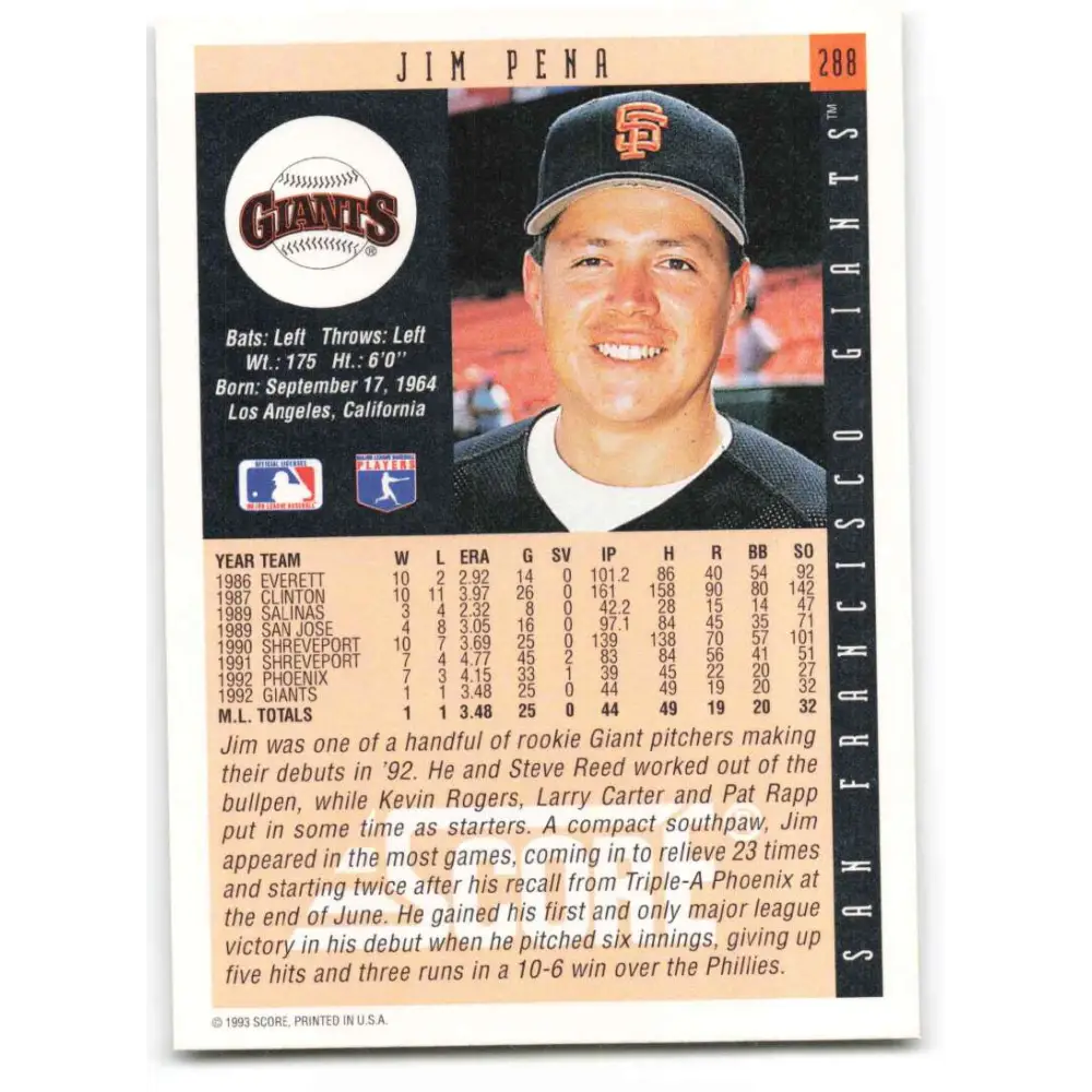 1993 Score #288 Jim Pena NM-MT San Francisco Giants Baseball Card Image 2