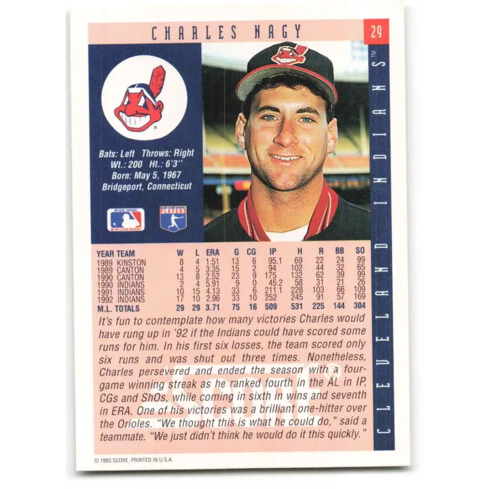 1993 Score #29 Charles Nagy NM-MT Cleveland Indians Baseball Card Image 2