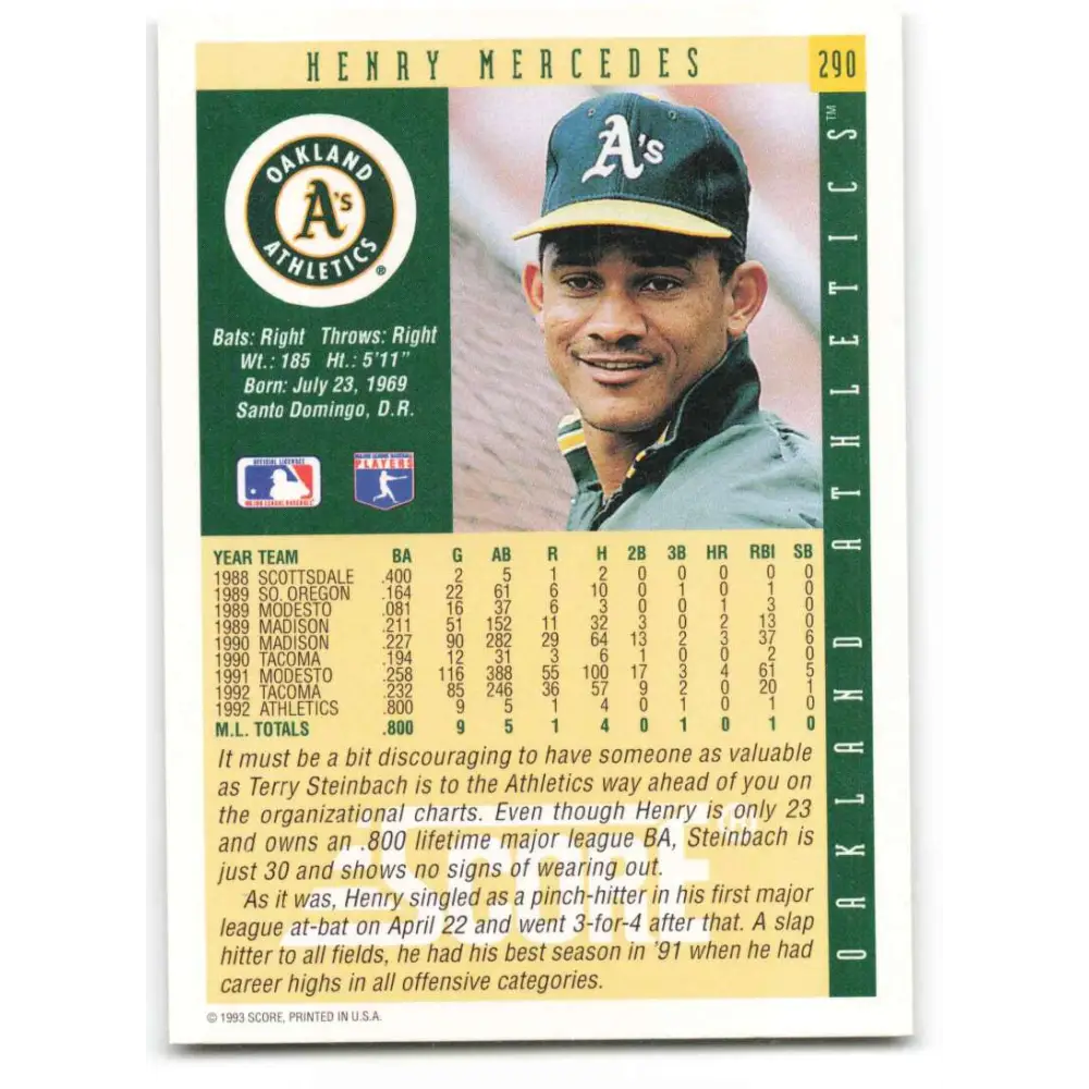 1993 Score #290 Henry Mercedes NM-MT Oakland Athletics Baseball Card Image 2