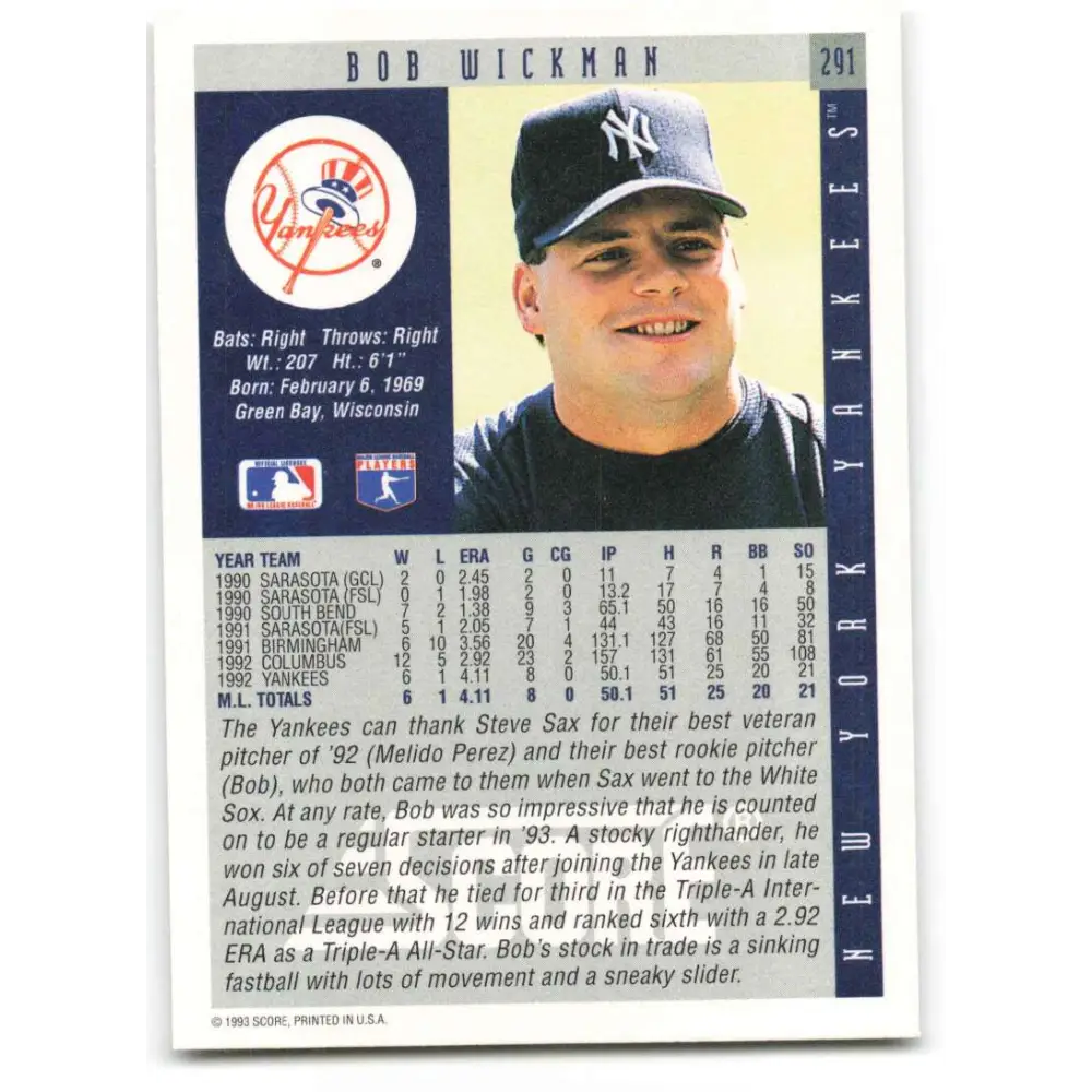 1993 Score #291 Bob Wickman NM-MT New York Yankees Baseball Card Image 2