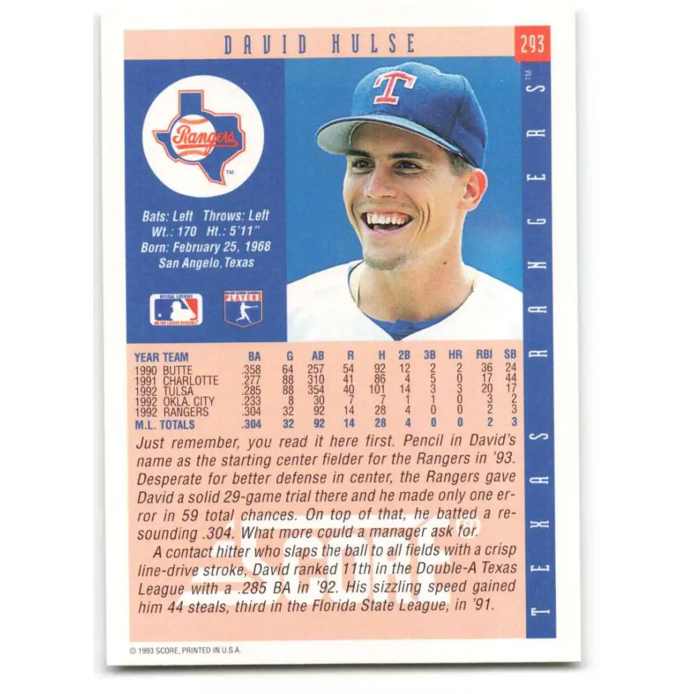 1993 Score #293 David Hulse NM-MT RC Rookie Texas Rangers Baseball Card Image 2