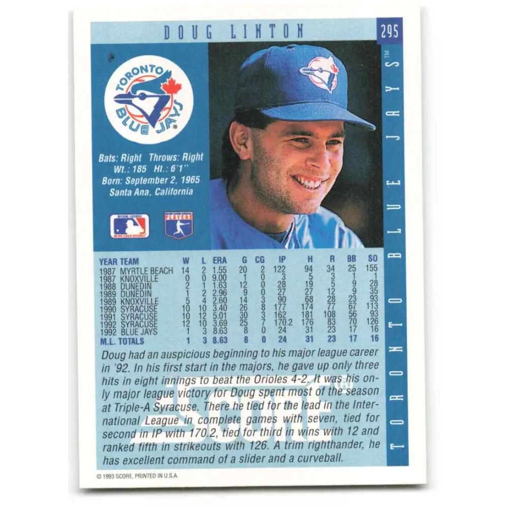 1993 Score #295 Doug Linton NM-MT Toronto Blue Jays Baseball Card Image 2