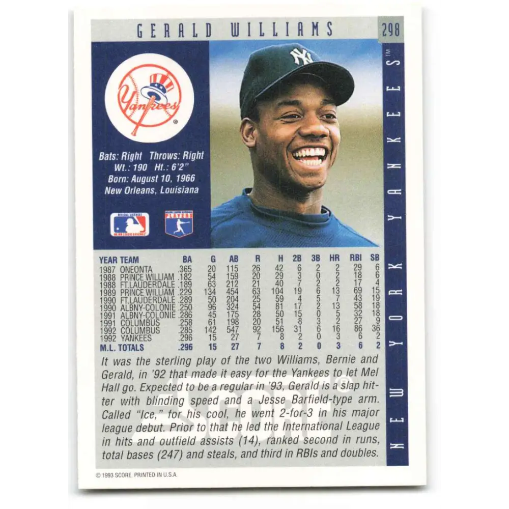 1993 Score #298 Gerald Williams NM-MT New York Yankees Baseball Card Image 2