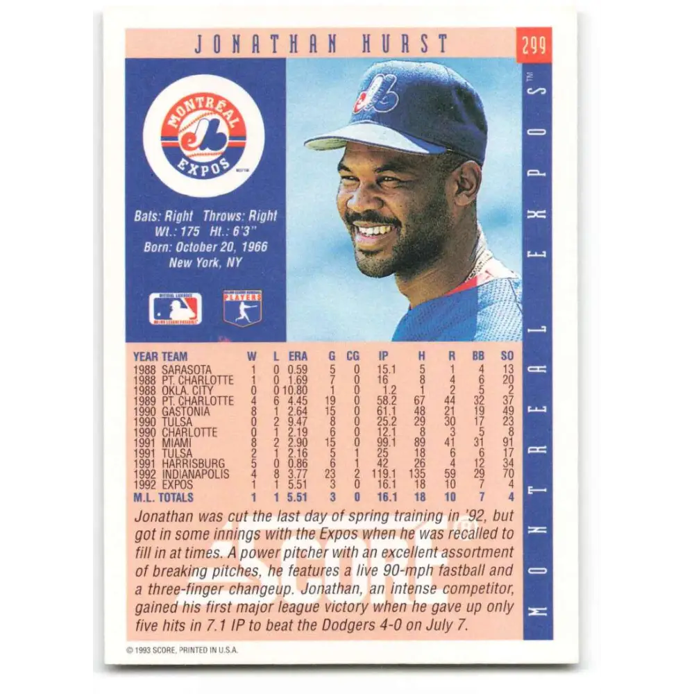 1993 Score #299 Jonathan Hurst NM-MT Montreal Expos Baseball Card Image 2