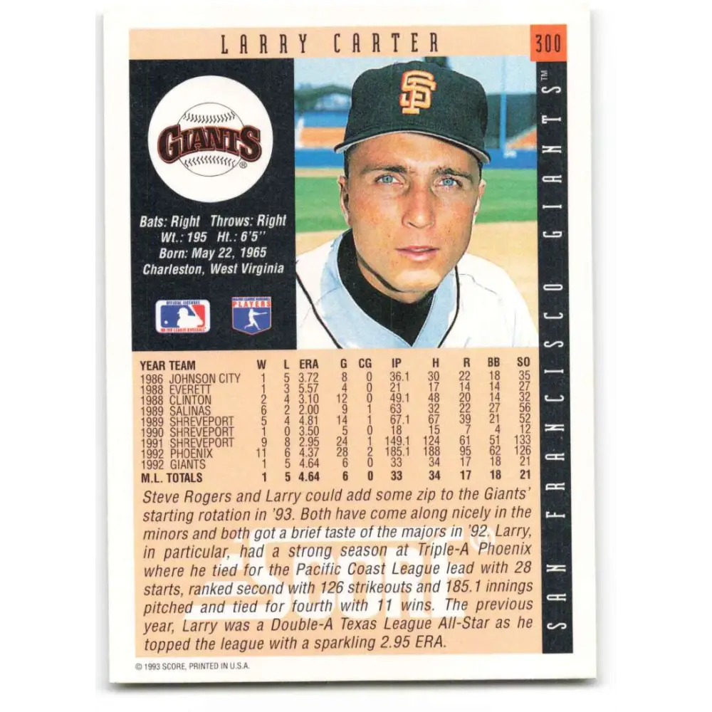 1993 Score #300 Larry Carter NM-MT RC Rookie San Francisco Giants Baseball Card Image 2