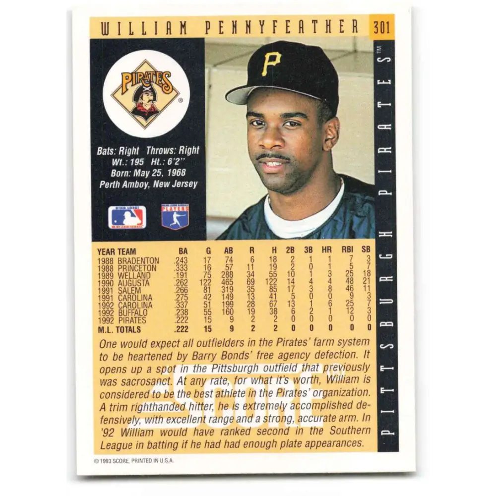 1993 Score #301 Will Pennyfeather NM-MT Pittsburgh Pirates Baseball Card Image 2