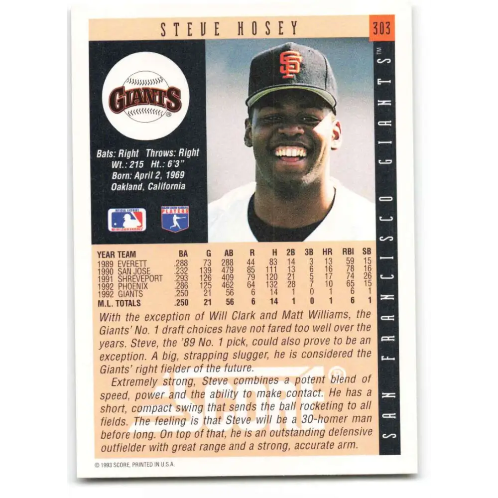 1993 Score #303 Steve Hosey NM-MT San Francisco Giants Baseball Card Image 2