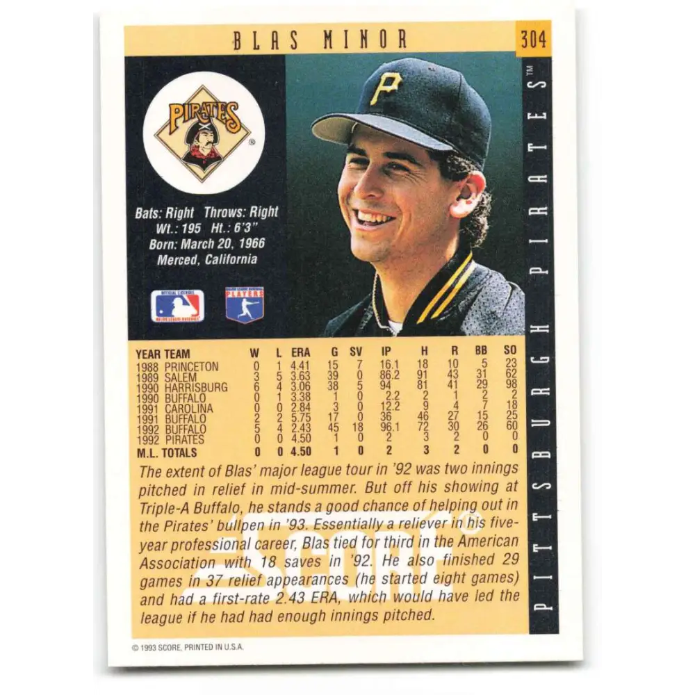 1993 Score #304 Blas Minor NM-MT Pittsburgh Pirates Baseball Card Image 2