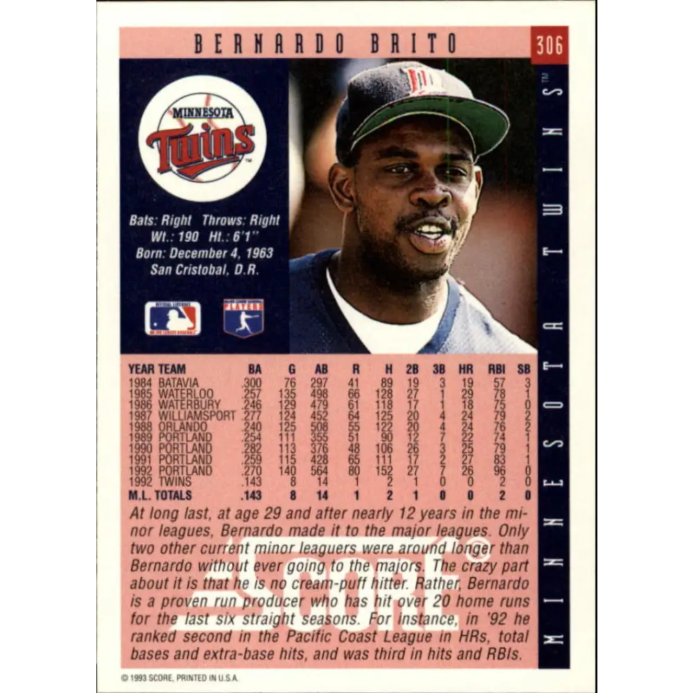 1993 Score #306 Bernardo Brito NM-MT Minnesota Twins Baseball Card Image 2