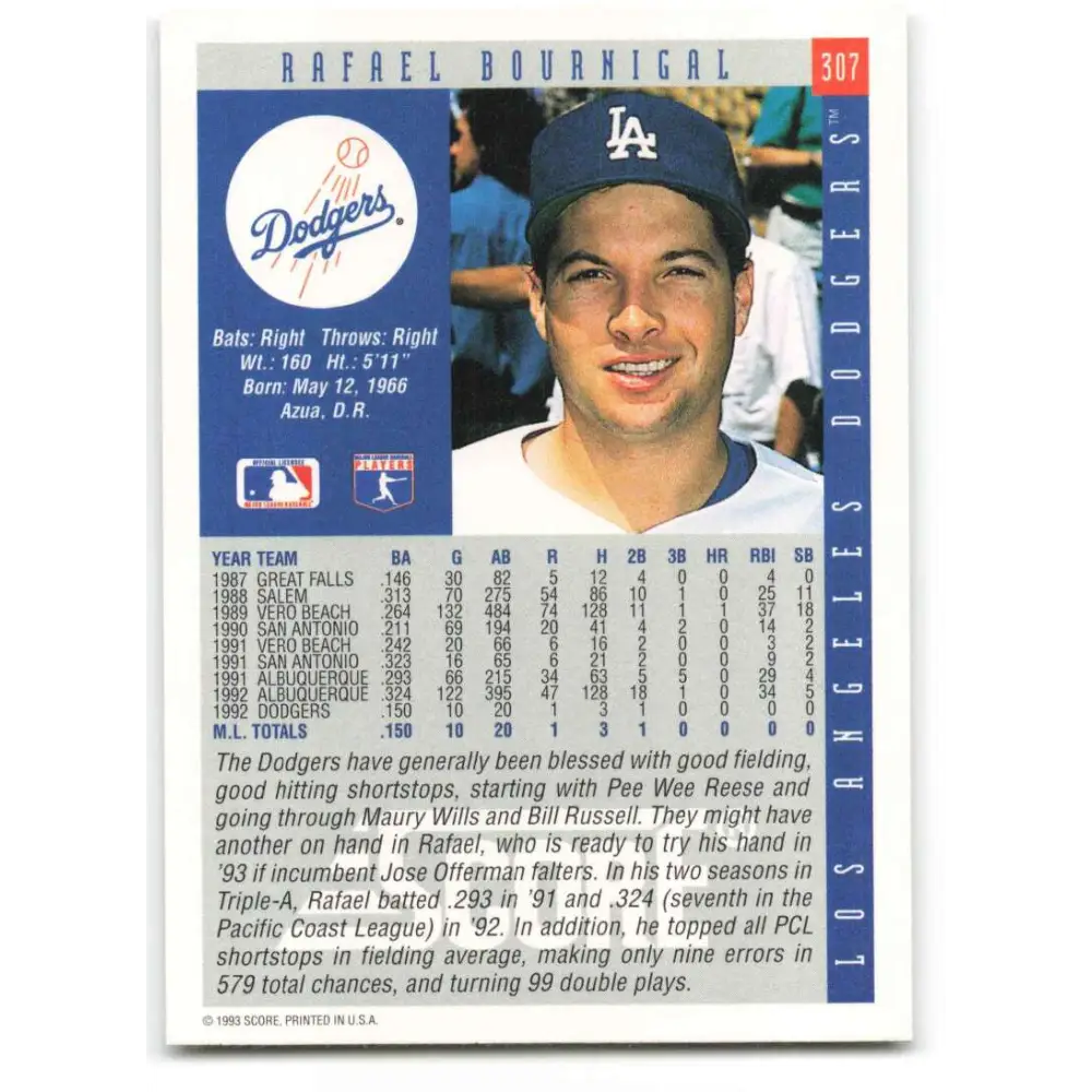 1993 Score #307 Rafael Bournigal NM-MT RC Rookie Los Angeles Dodgers Baseball Card Image 2