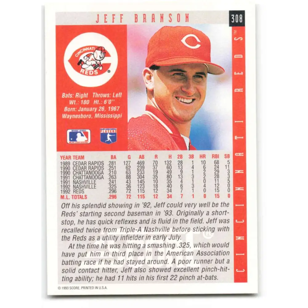 1993 Score #308 Jeff Branson NM-MT Cincinnati Reds Baseball Card Image 2