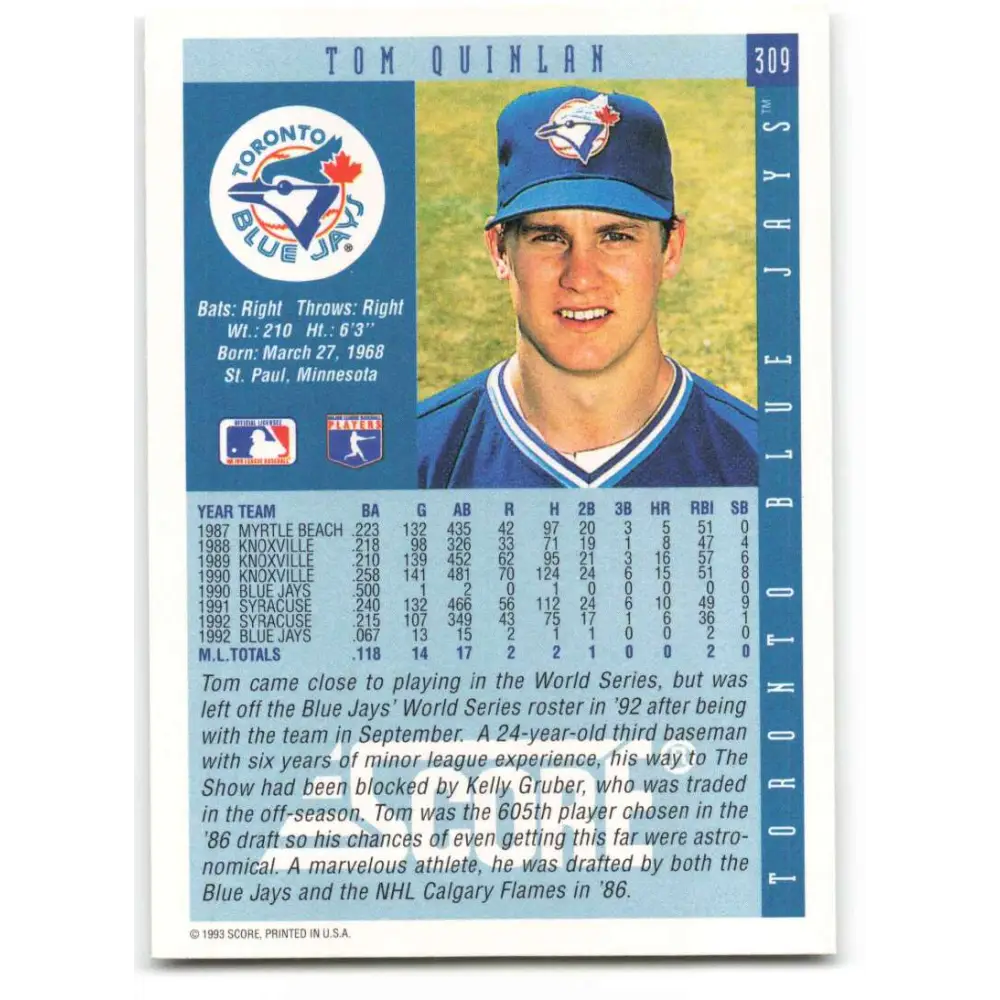 1993 Score #309 Tom Quinlan NM-MT RC Rookie Toronto Blue Jays Baseball Card Image 2