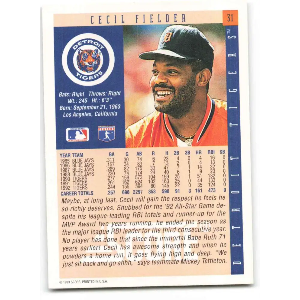 1993 Score #31 Cecil Fielder NM-MT Detroit Tigers Baseball Card Image 2