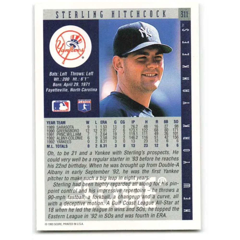 1993 Score #311 Sterling Hitchcock NM-MT RC Rookie New York Yankees Baseball Card Image 2