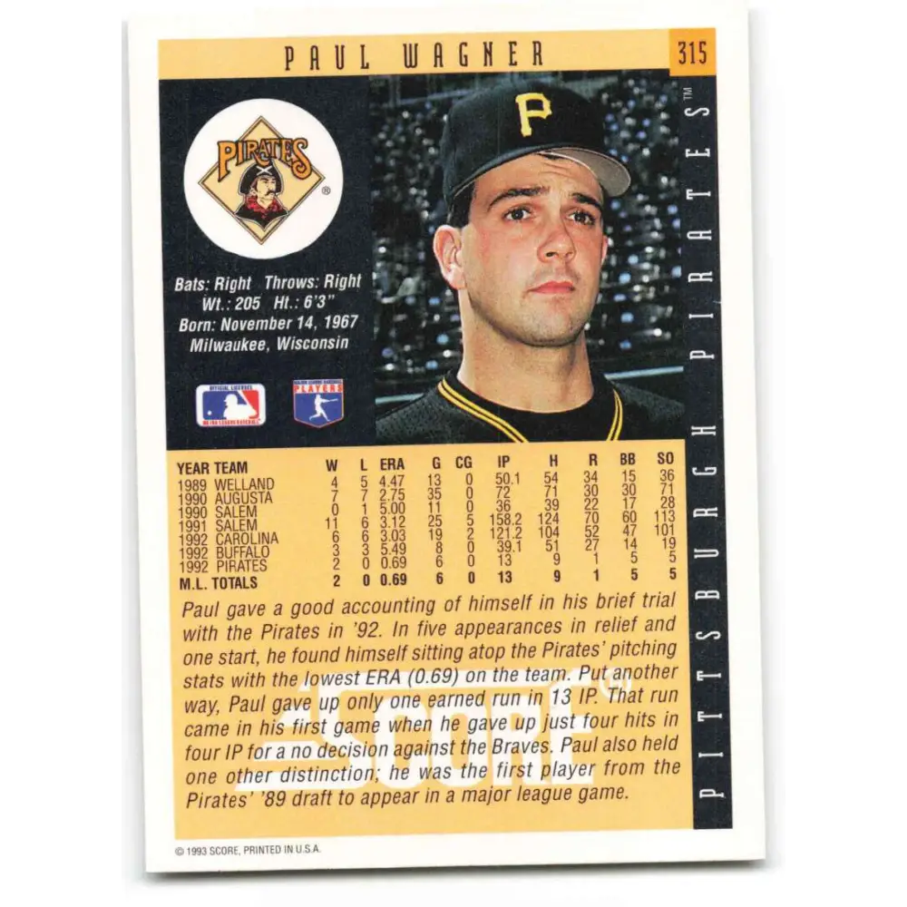 1993 Score #315 Paul Wagner NM-MT Pittsburgh Pirates Baseball Card Image 2