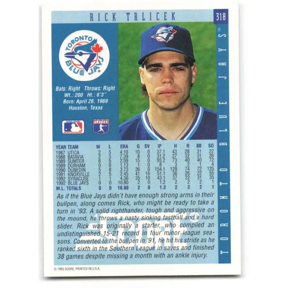1993 Score #318 Rick Trlicek NM-MT Toronto Blue Jays Baseball Card Image 2