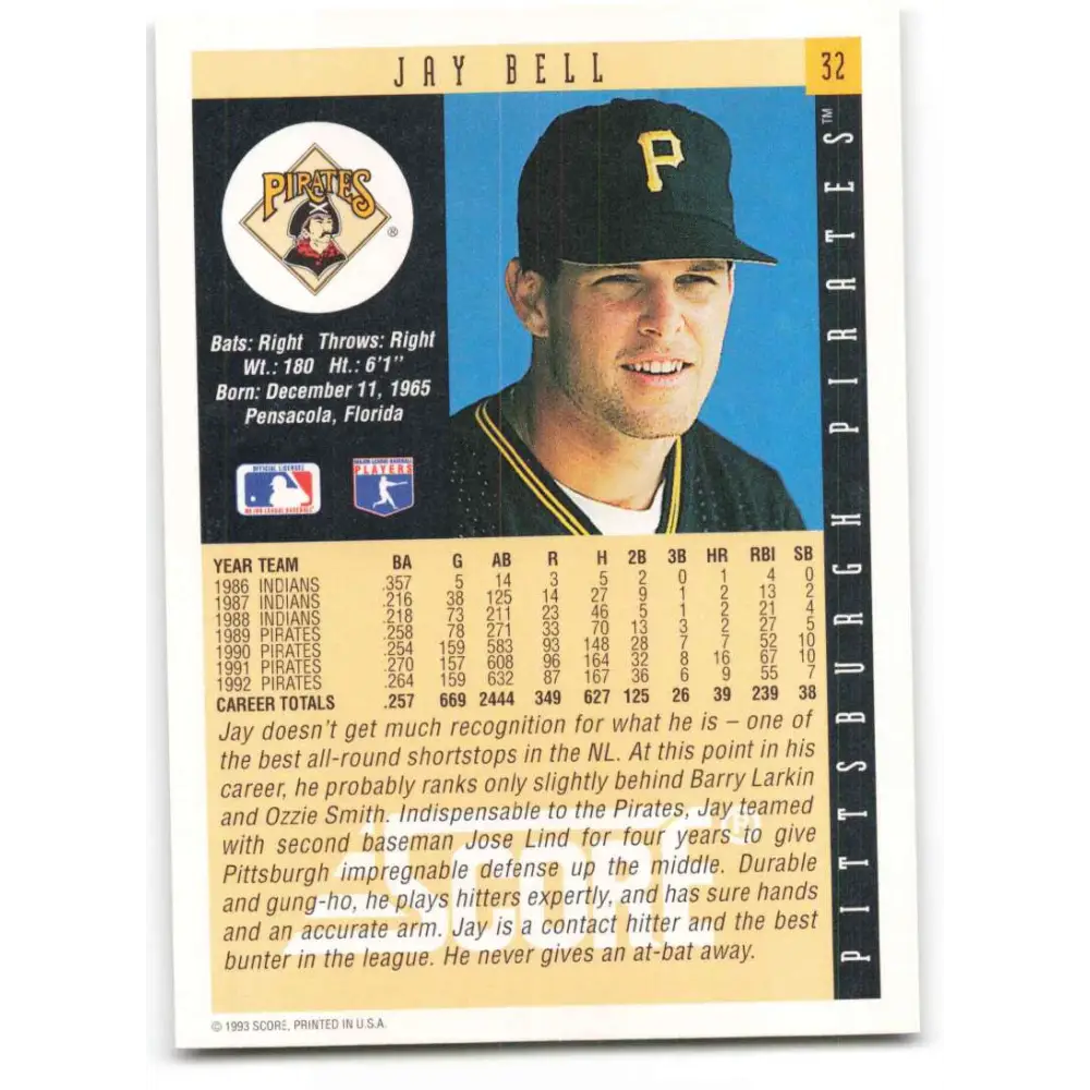 1993 Score #32 Jay Bell NM-MT Pittsburgh Pirates Baseball Card Image 2