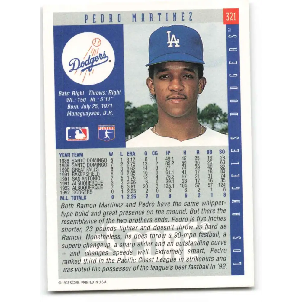 1993 Score #321 Pedro Martinez NM-MT Los Angeles Dodgers Baseball Card Image 2