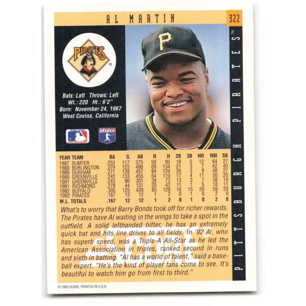 1993 Score #322 Al Martin NM-MT Pittsburgh Pirates Baseball Card Image 2