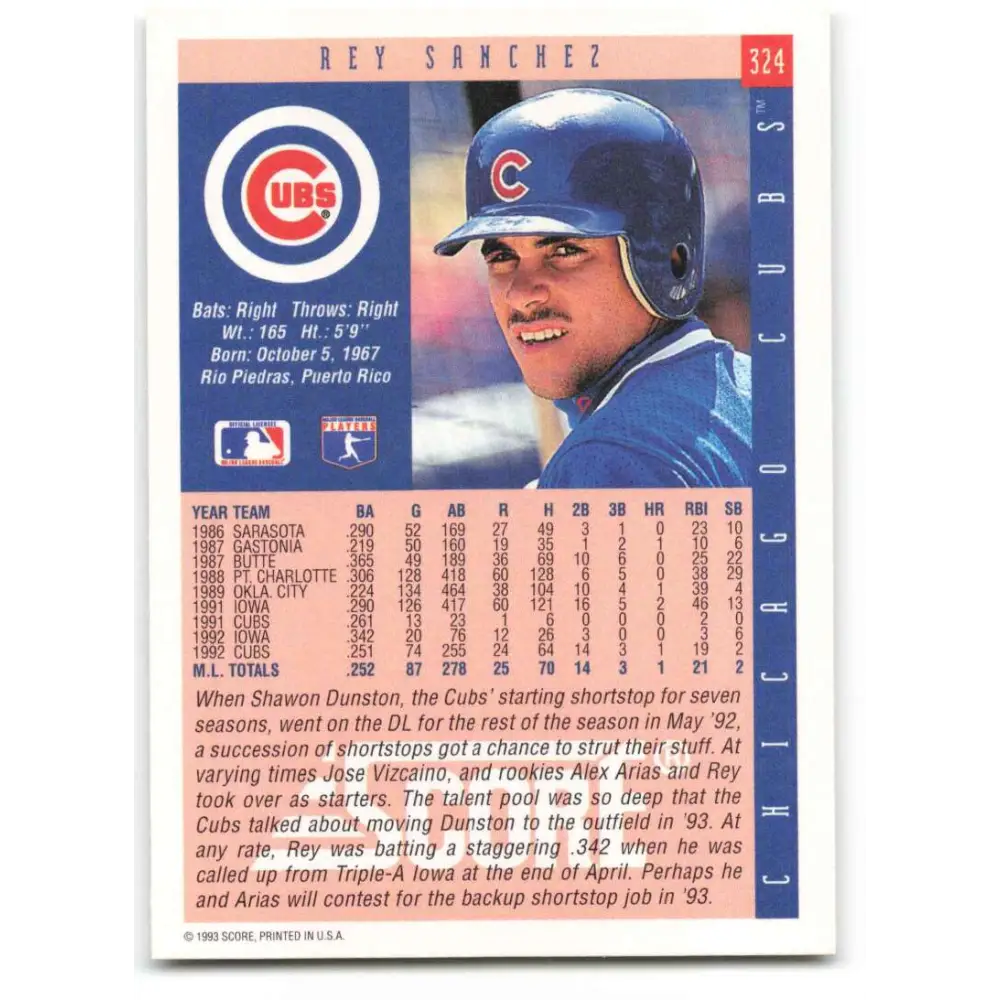 1993 Score #324 Rey Sanchez NM-MT Chicago Cubs Baseball Card Image 2