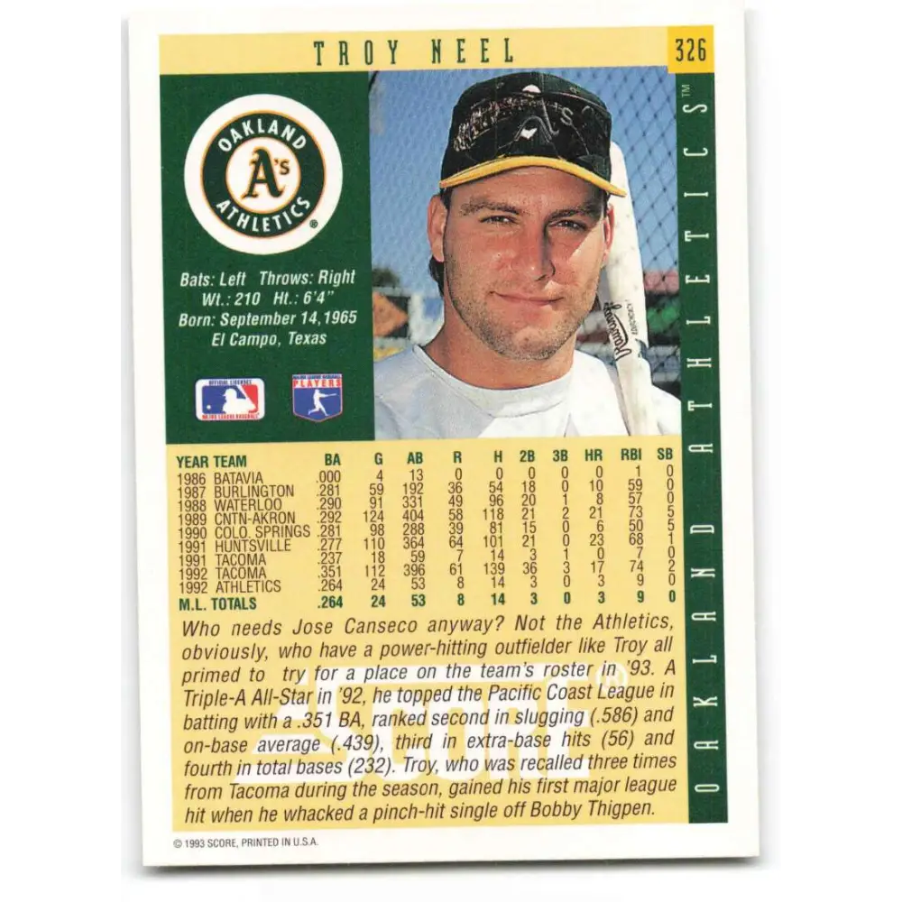 1993 Score #326 Troy Neel NM-MT Oakland Athletics Baseball Card Image 2