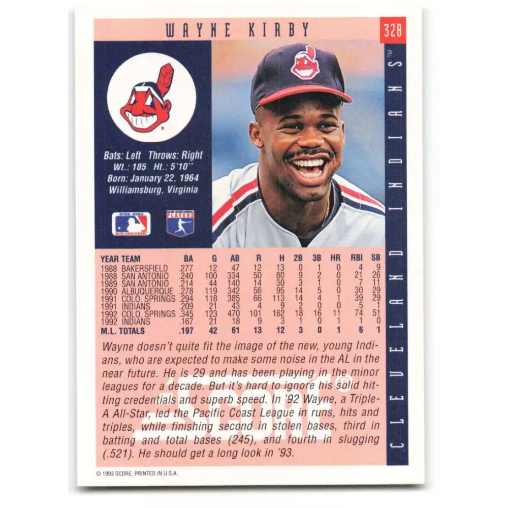 1993 Score #328 Wayne Kirby NM-MT Cleveland Indians Baseball Card Image 2