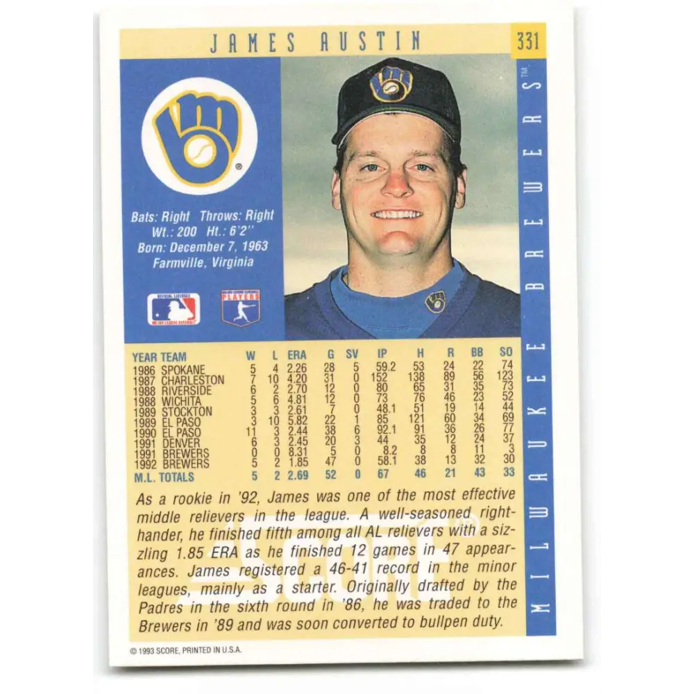 1993 Score #331 Jim Austin NM-MT Milwaukee Brewers Baseball Card Image 2