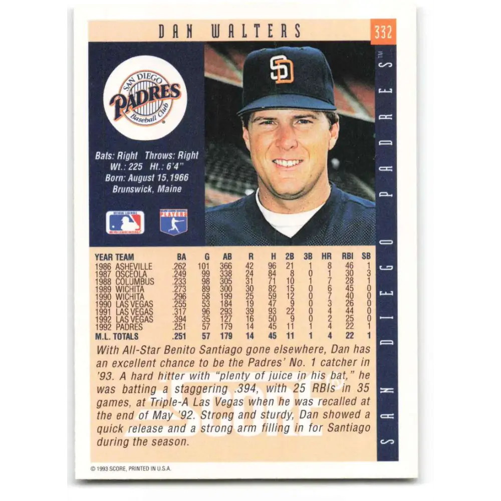1993 Score #332 Dan Walters NM-MT San Diego Padres Baseball Card Image 2