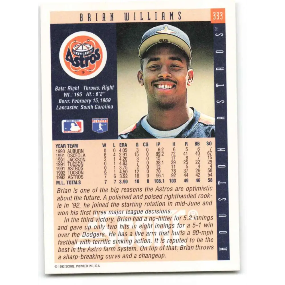 1993 Score #333 Brian Williams NM-MT Houston Astros Baseball Card Image 2