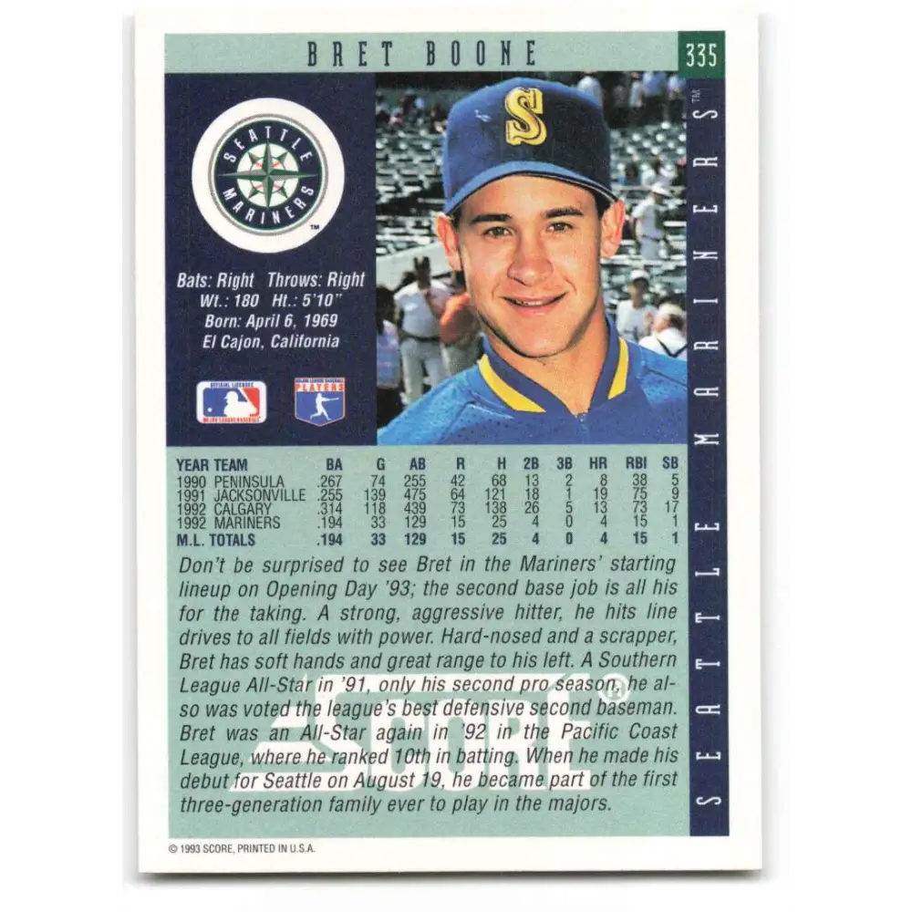 1993 Score #335 Bret Boone NM-MT Seattle Mariners Baseball Card Image 2