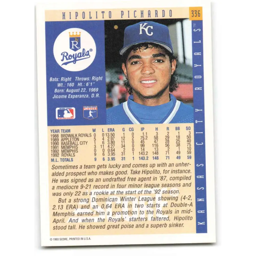 1993 Score #336 Hipolito Pichardo NM-MT Kansas City Royals Baseball Card Image 2