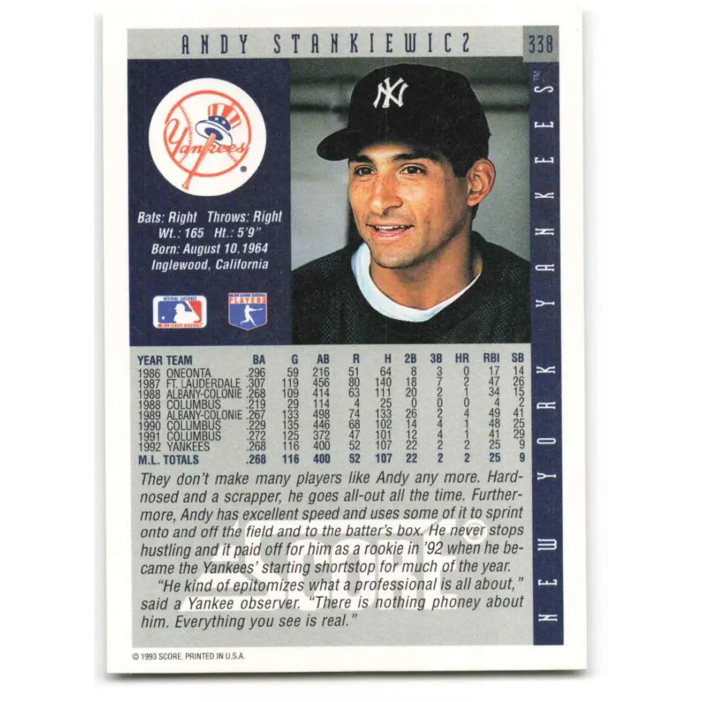 1993 Score #338 Andy Stankiewicz NM-MT New York Yankees Baseball Card Image 2