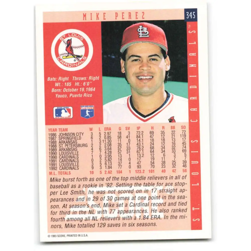 1993 Score #345 Mike Perez NM-MT St. Louis Cardinals Baseball Card Image 2