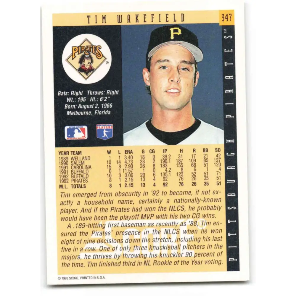 1993 Score #347 Tim Wakefield NM-MT Pittsburgh Pirates Baseball Card Image 2