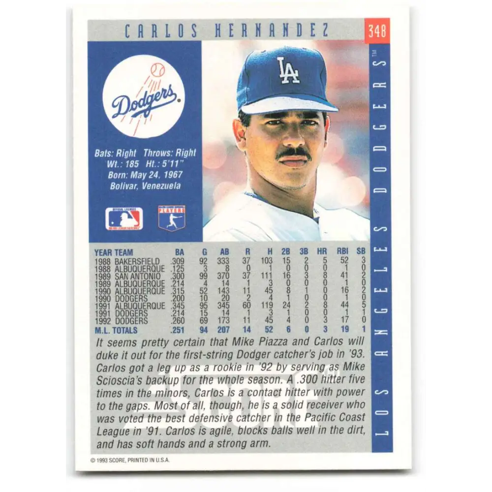1993 Score #348 Carlos Hernandez NM-MT Los Angeles Dodgers Baseball Card Image 2
