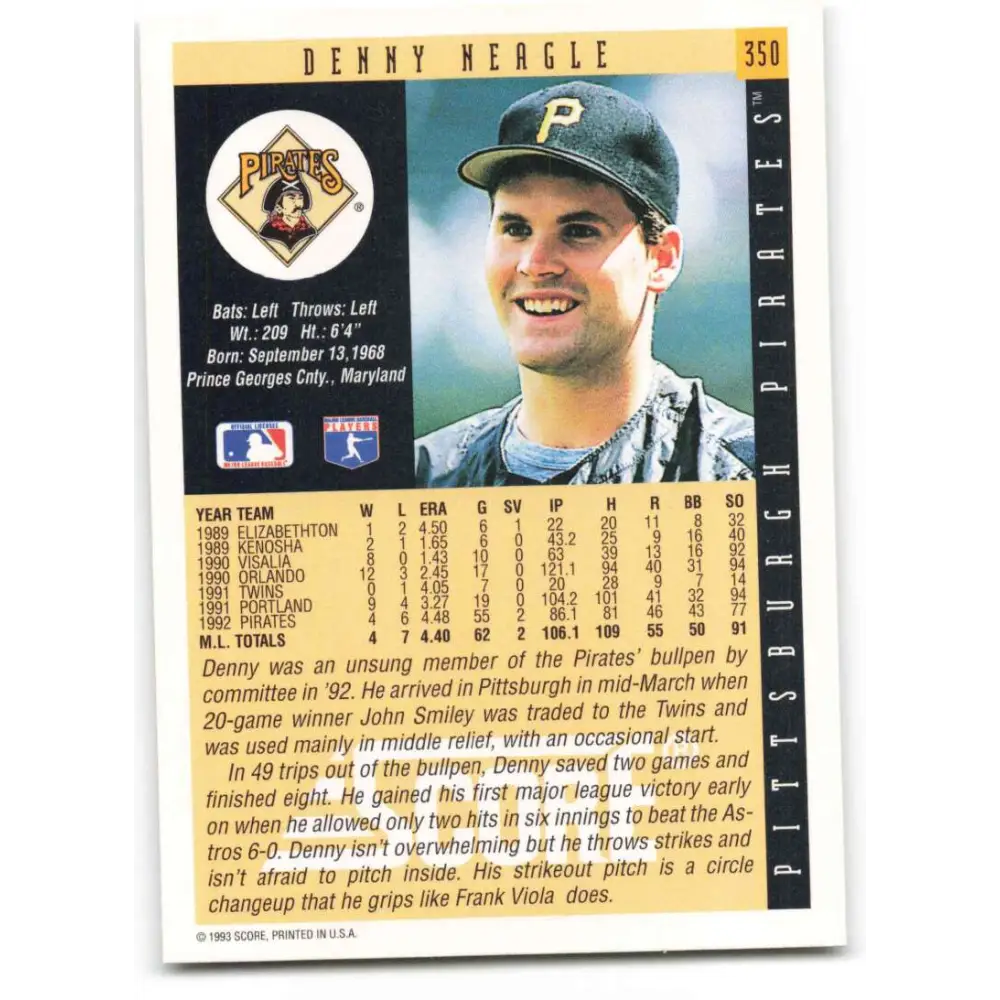1993 Score #350 Denny Neagle NM-MT Pittsburgh Pirates Baseball Card Image 2